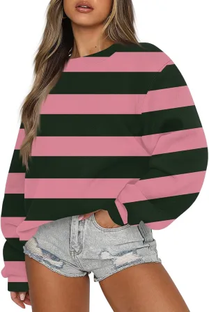 GOFULY Fall Crewneck Sweatshirts Women Oversized Striped Pullover Lightweight Crop Sweatshirts Winter Long Sleeve Tshirt