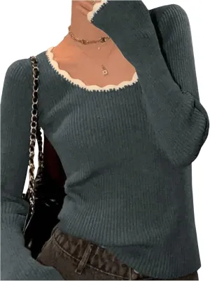 GORGLITTER Women's Color Block Mock Neck Sweater Bishop Long Sleeve Casual Pullovers Jumper Top