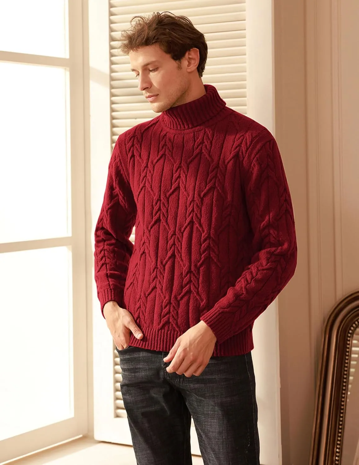 GRACE KARIN Men's Turtneck Pullover Sweaters Long Sleeve Solid Color Twisted Knit Sweater