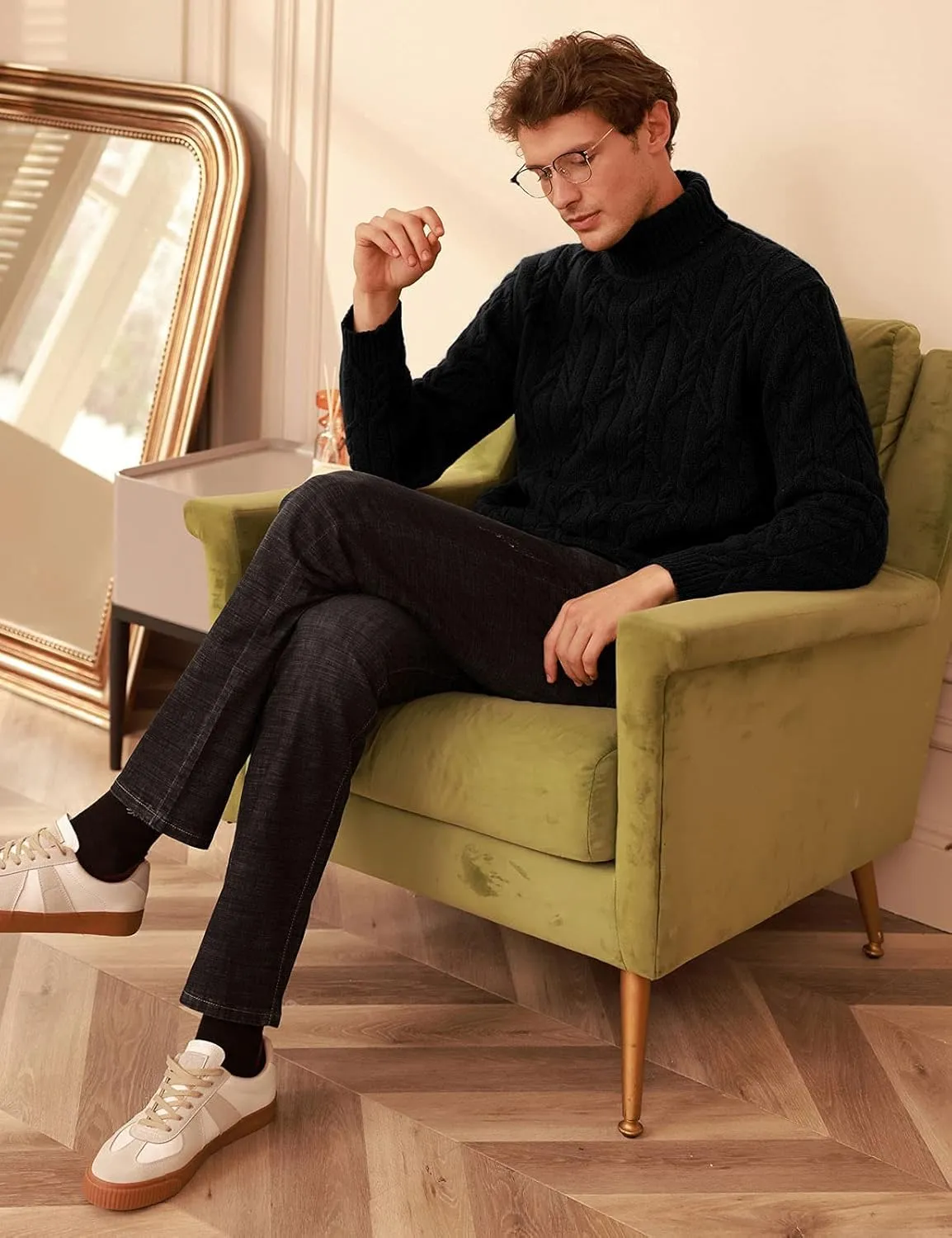 GRACE KARIN Men's Turtneck Pullover Sweaters Long Sleeve Solid Color Twisted Knit Sweater