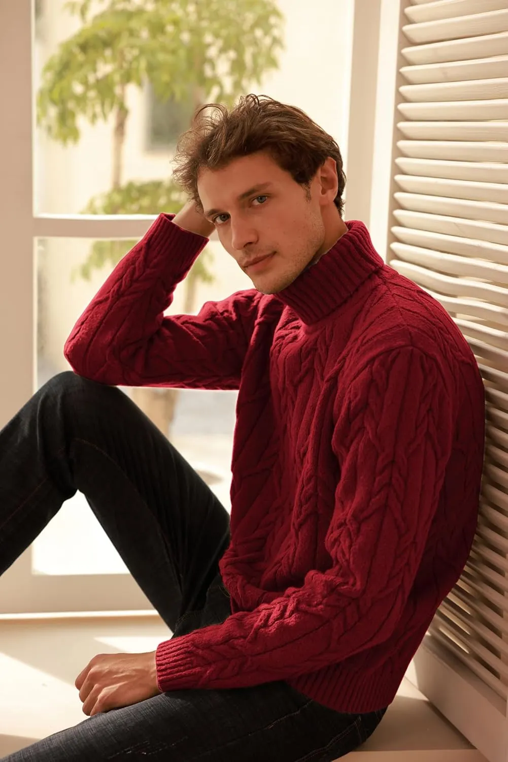 GRACE KARIN Men's Turtneck Pullover Sweaters Long Sleeve Solid Color Twisted Knit Sweater