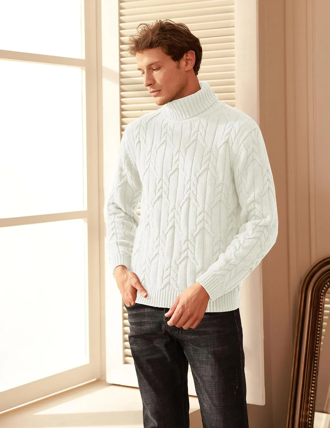 GRACE KARIN Men's Turtneck Pullover Sweaters Long Sleeve Solid Color Twisted Knit Sweater