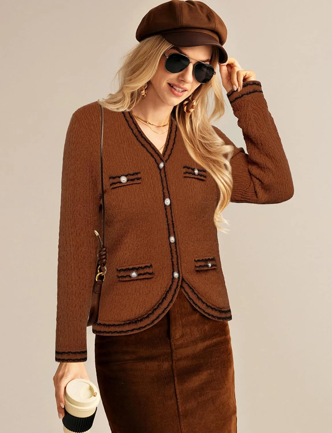 GRACE KARIN Women's Cropped Cardigan Sweaters Long Sleeve Elegant Pearl Button Down Knit Open Front V-Neck Jacket Tops