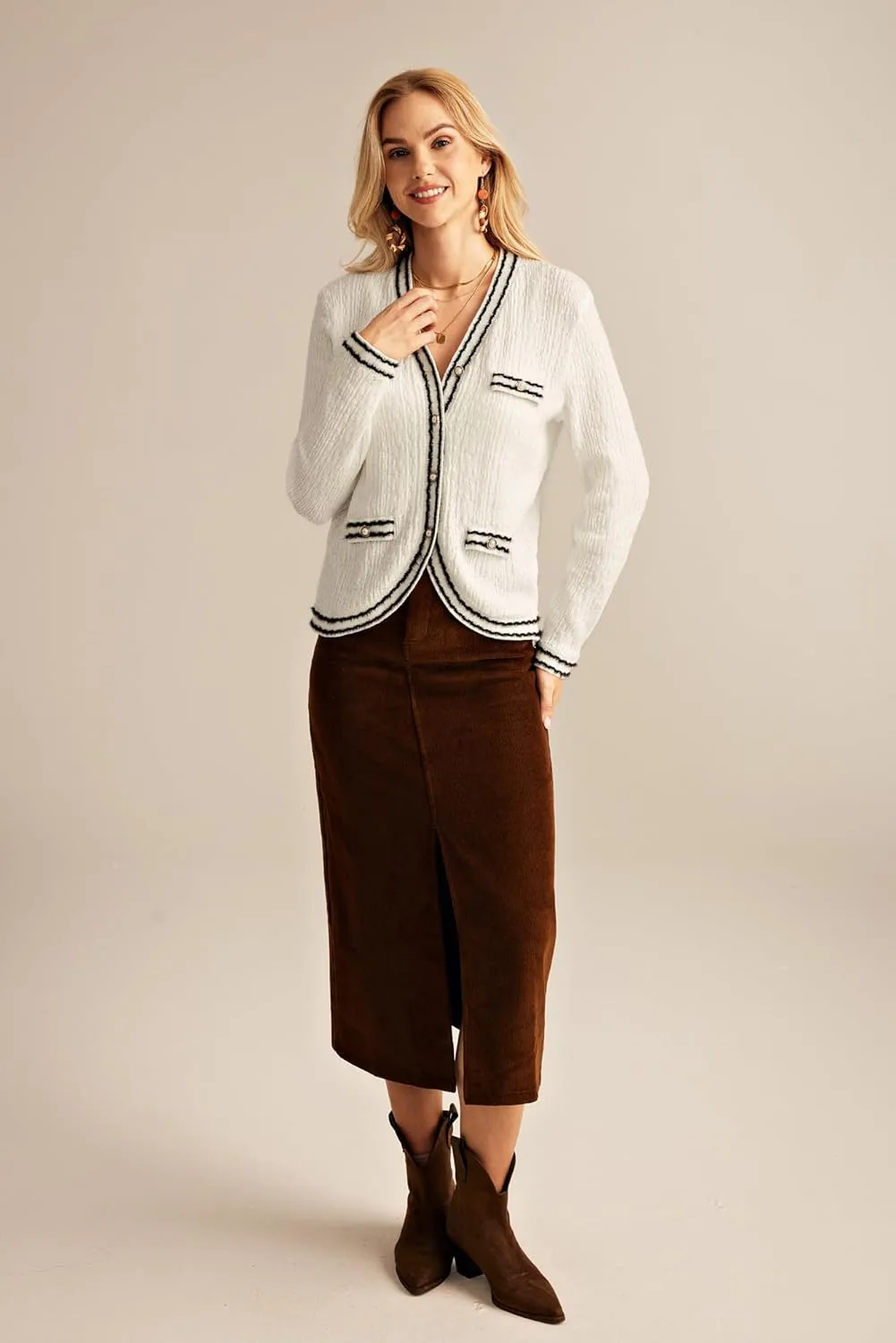 GRACE KARIN Women's Cropped Cardigan Sweaters Long Sleeve Elegant Pearl Button Down Knit Open Front V-Neck Jacket Tops