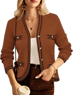 GRACE KARIN Women's Cropped Cardigan Sweaters Long Sleeve Elegant Pearl Button Down Knit Open Front V-Neck Jacket Tops
