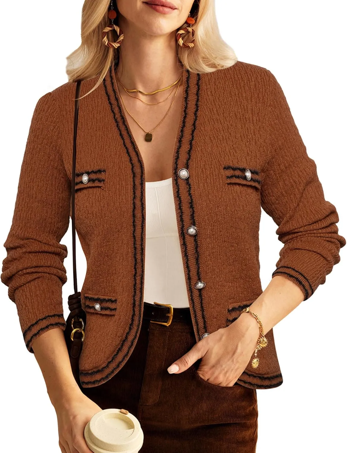 GRACE KARIN Women's Cropped Cardigan Sweaters Long Sleeve Elegant Pearl Button Down Knit Open Front V-Neck Jacket Tops
