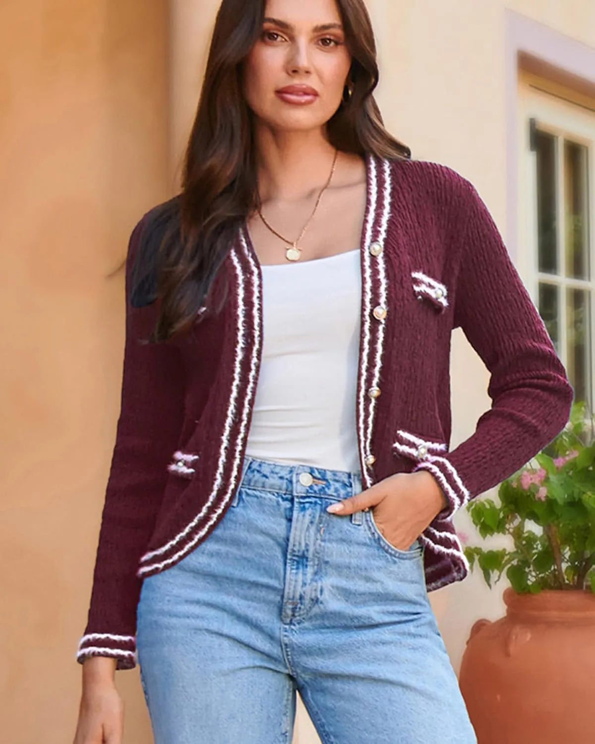 GRACE KARIN Women's Cropped Cardigan Sweaters Long Sleeve Elegant Pearl Button Down Knit Open Front V-Neck Jacket Tops