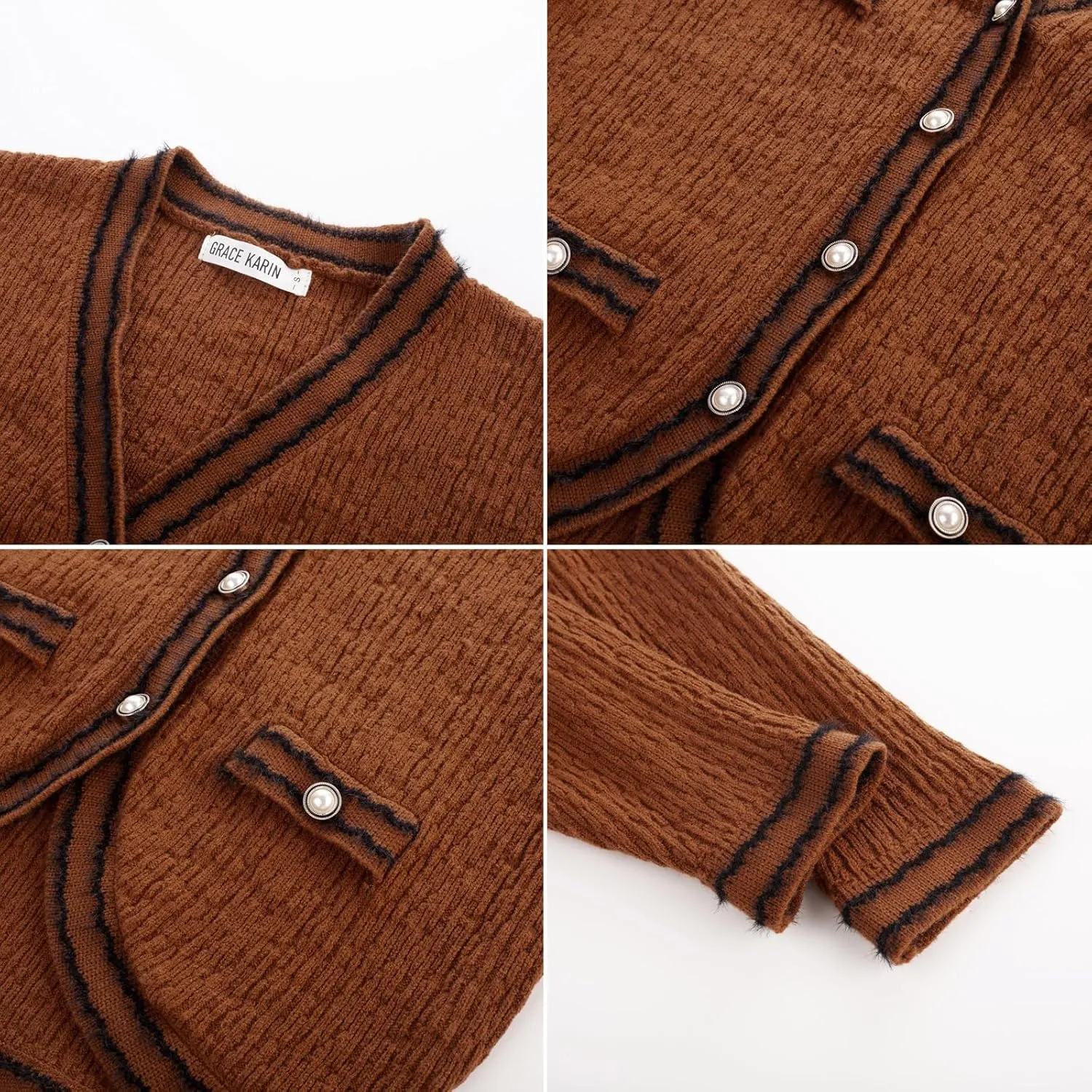 GRACE KARIN Women's Cropped Cardigan Sweaters Long Sleeve Elegant Pearl Button Down Knit Open Front V-Neck Jacket Tops