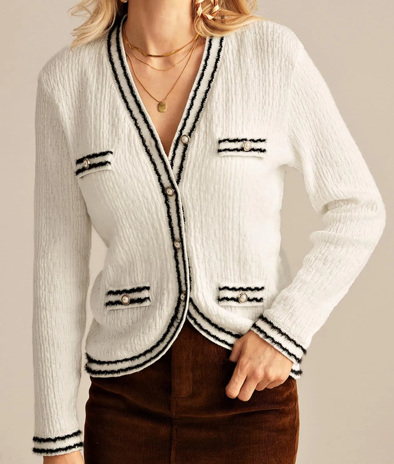 GRACE KARIN Women's Cropped Cardigan Sweaters Long Sleeve Elegant Pearl Button Down Knit Open Front V-Neck Jacket Tops