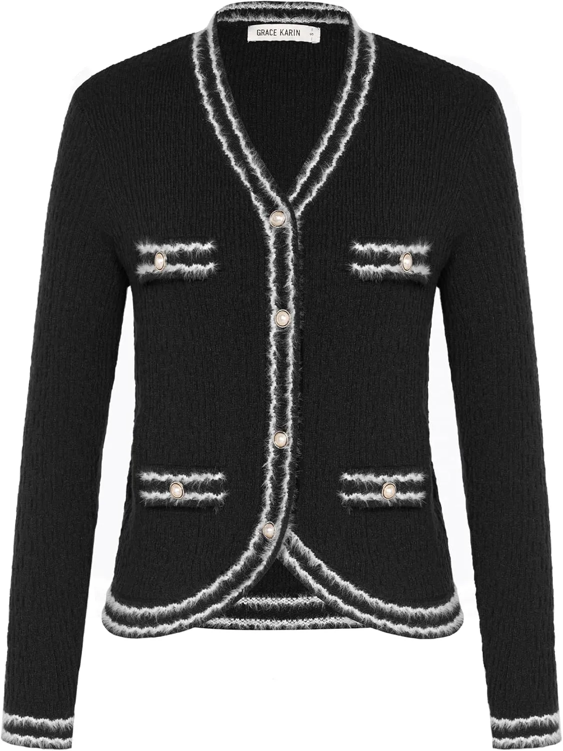 GRACE KARIN Women's Cropped Cardigan Sweaters Long Sleeve Elegant Pearl Button Down Knit Open Front V-Neck Jacket Tops