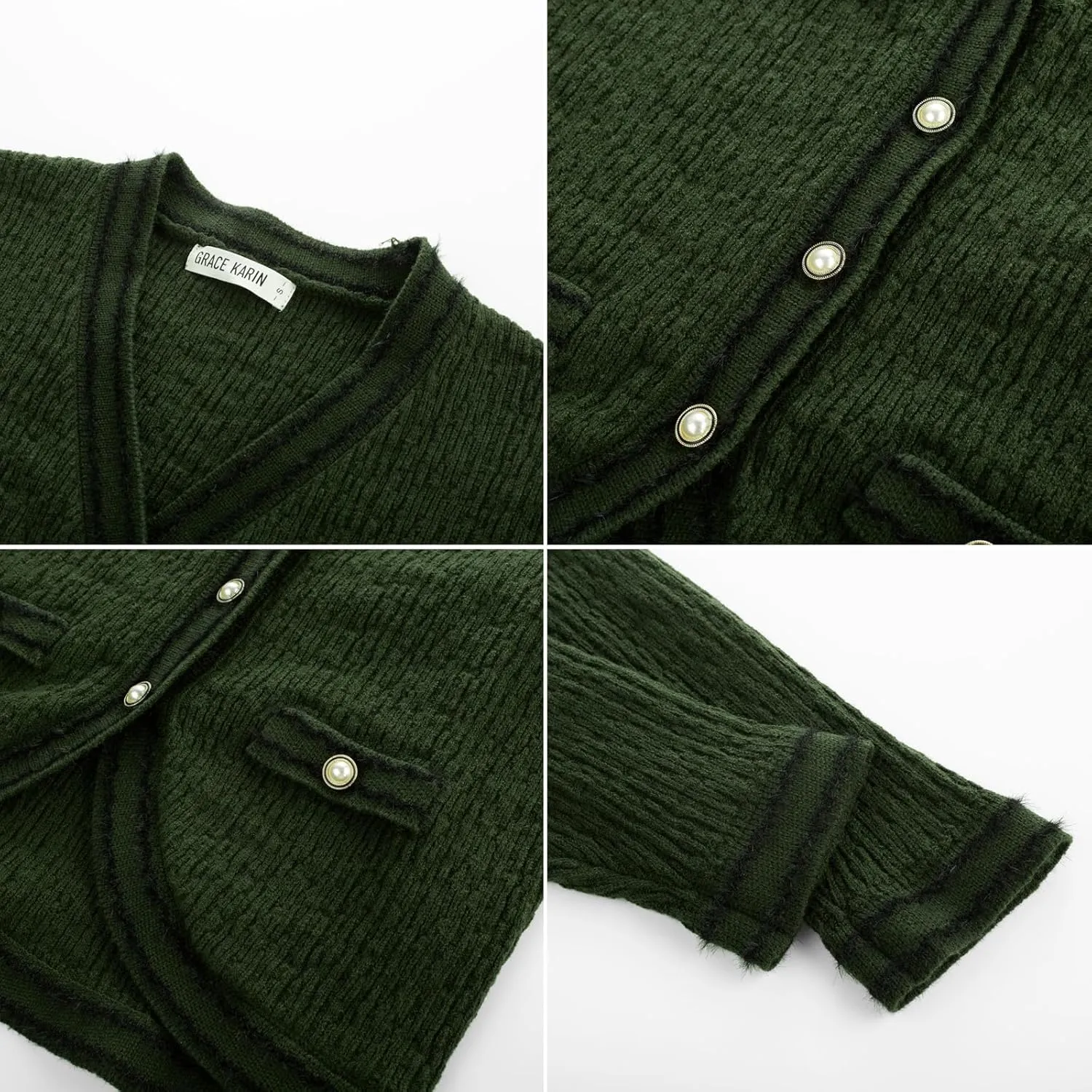 GRACE KARIN Women's Cropped Cardigan Sweaters Long Sleeve Elegant Pearl Button Down Knit Open Front V-Neck Jacket Tops