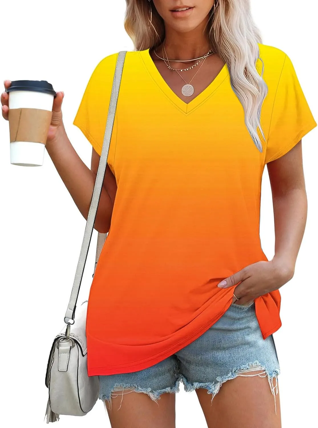 Gradient Shirts Oversized Tshirts for Women V Neck Short Sleeve Summer Tops 2025 Casual Loose Fit Cute Tees Clothes