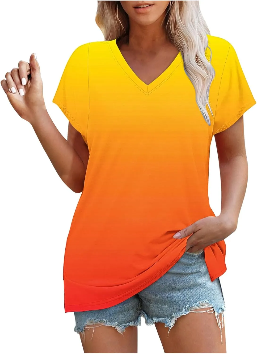 Gradient Shirts Oversized Tshirts for Women V Neck Short Sleeve Summer Tops 2025 Casual Loose Fit Cute Tees Clothes