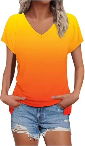 Gradient Shirts Oversized Tshirts for Women V Neck Short Sleeve Summer Tops 2025 Casual Loose Fit Cute Tees Clothes
