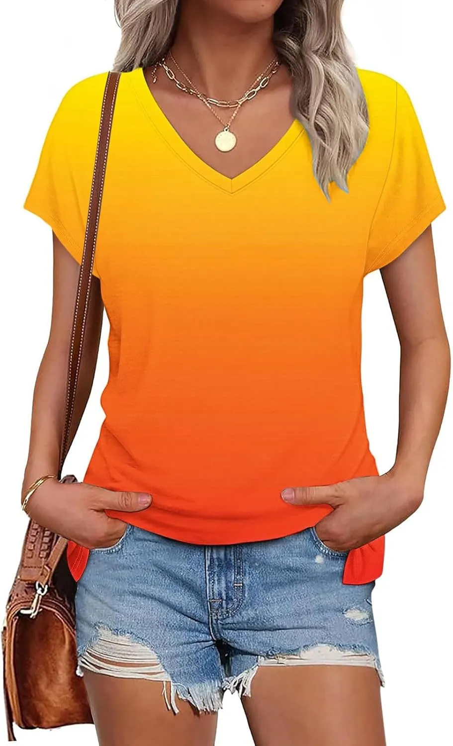 Gradient Shirts Oversized Tshirts for Women V Neck Short Sleeve Summer Tops 2025 Casual Loose Fit Cute Tees Clothes
