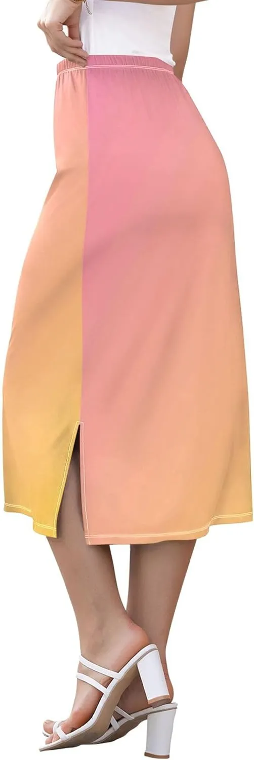 Green Pink Gradient Polka Dot Side Slit Midi Skirts Womens Floral Straight Fit Skirt High Waist Stretch Beach Skirts S