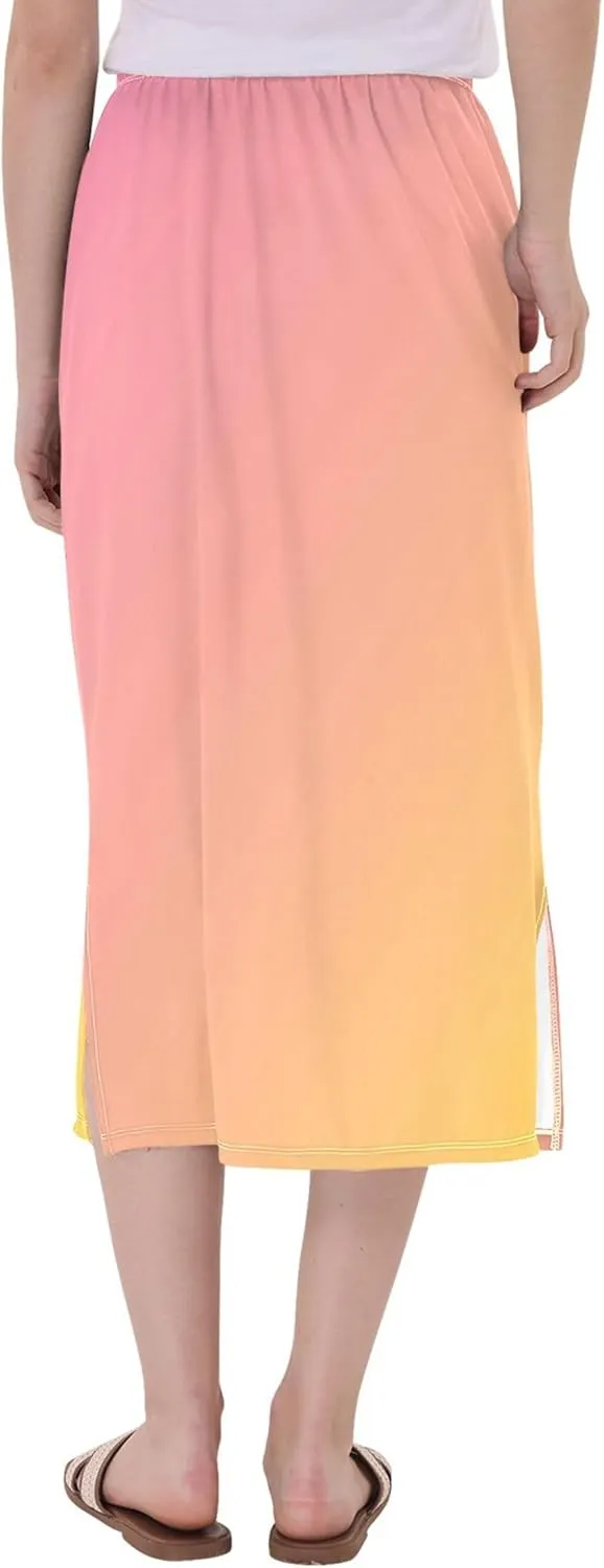 Green Pink Gradient Polka Dot Side Slit Midi Skirts Womens Floral Straight Fit Skirt High Waist Stretch Beach Skirts S
