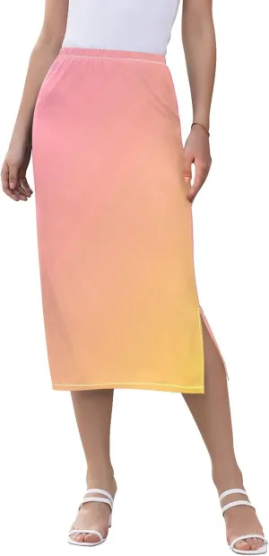 Green Pink Gradient Polka Dot Side Slit Midi Skirts Womens Floral Straight Fit Skirt High Waist Stretch Beach Skirts S