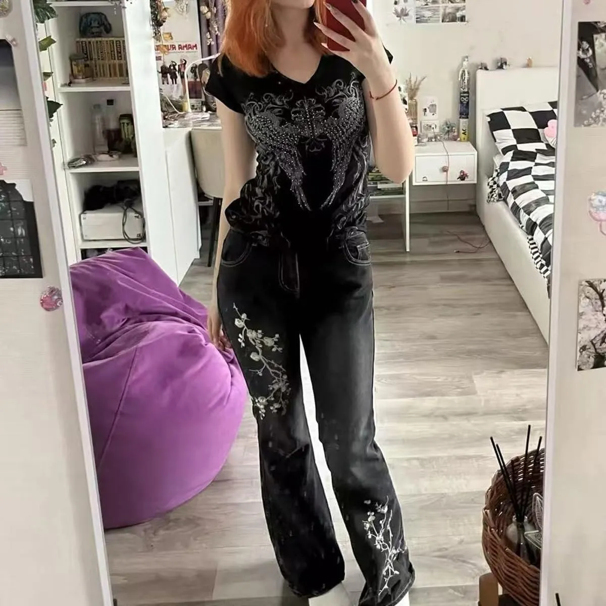 Grunge Shirts Emo Clothes Teen Girls Vintage Graphic Tee Y2k 2000s Goth Top Women Mcbling Short Sleeve Streetwear