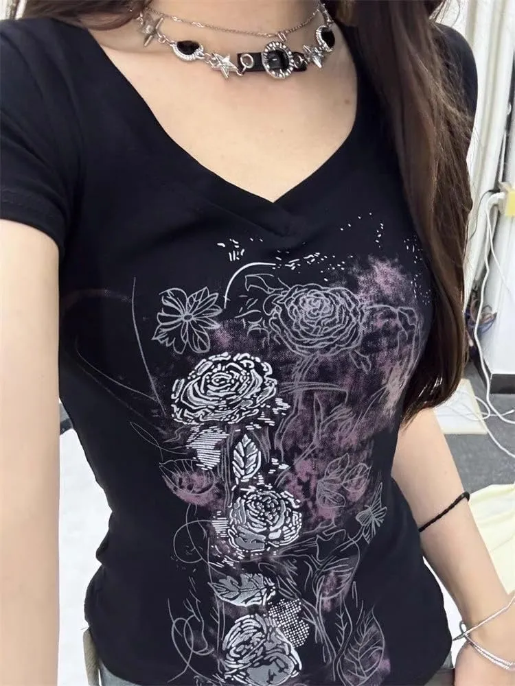 Grunge Shirts Emo Clothes Teen Girls Vintage Graphic Tee Y2k 2000s Goth Top Women Mcbling Short Sleeve Streetwear