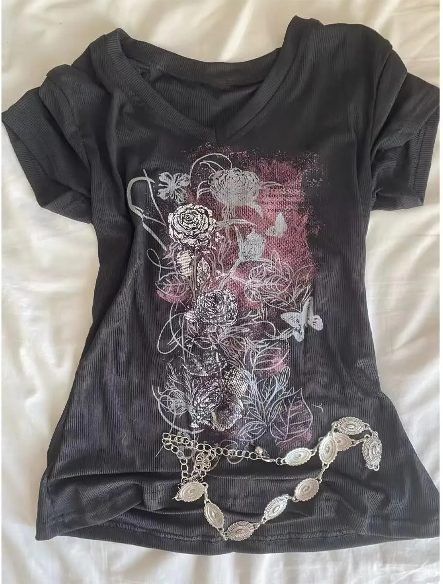 Grunge Shirts Emo Clothes Teen Girls Vintage Graphic Tee Y2k 2000s Goth Top Women Mcbling Short Sleeve Streetwear