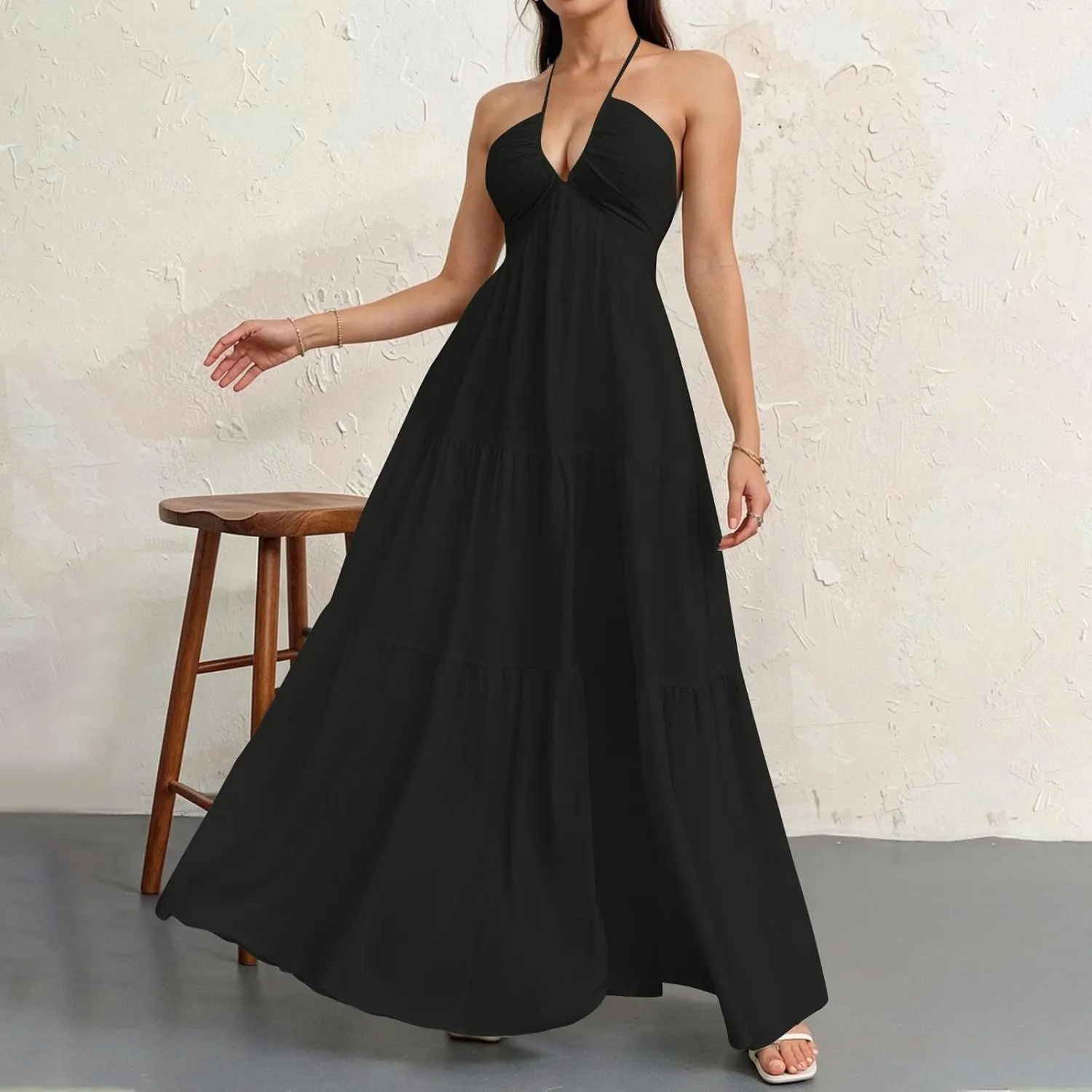 Halter Neck Dresses for Women 2025 Backless Deep V Neck Maxi Sundress a Line Empire Waist Spaghetti Strap Dress