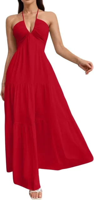 Halter Neck Dresses for Women 2025 Backless Deep V Neck Maxi Sundress a Line Empire Waist Spaghetti Strap Dress