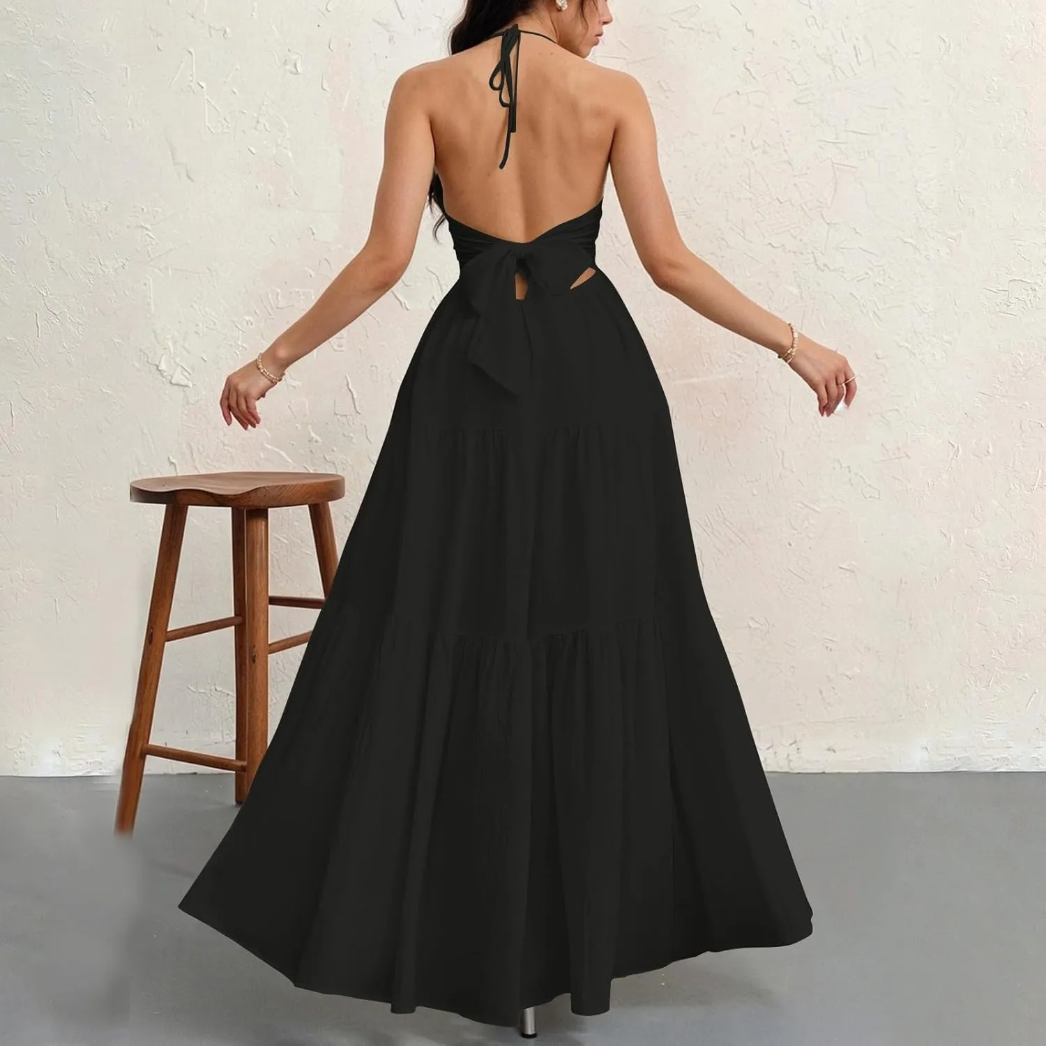 Halter Neck Dresses for Women 2025 Backless Deep V Neck Maxi Sundress a Line Empire Waist Spaghetti Strap Dress