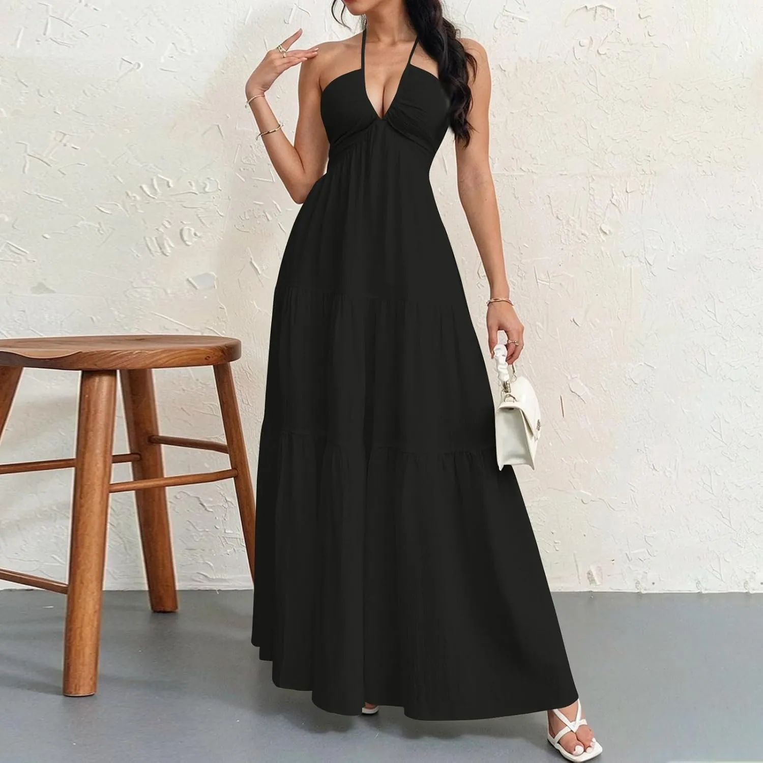Halter Neck Dresses for Women 2025 Backless Deep V Neck Maxi Sundress a Line Empire Waist Spaghetti Strap Dress