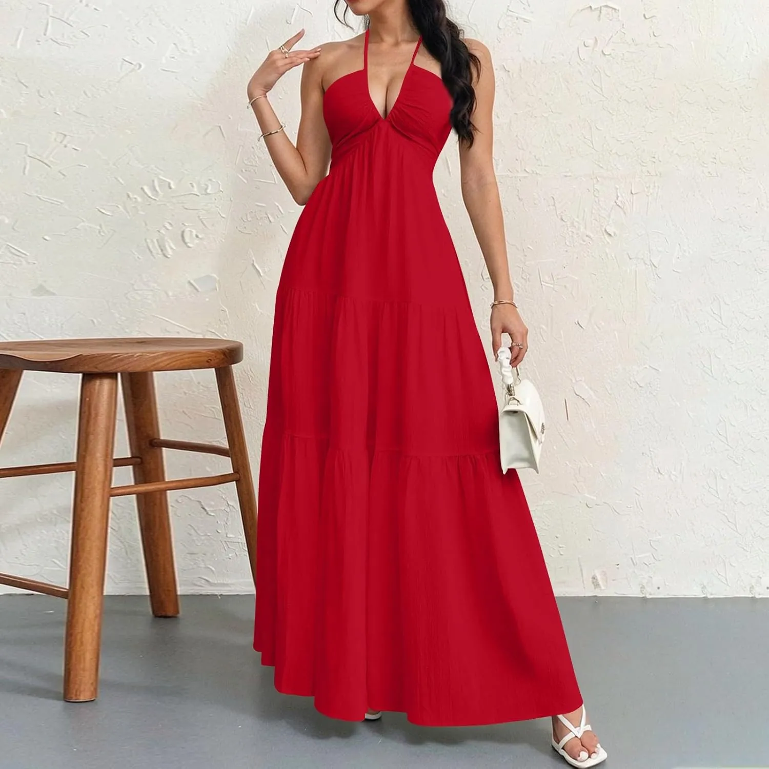 Halter Neck Dresses for Women 2025 Backless Deep V Neck Maxi Sundress a Line Empire Waist Spaghetti Strap Dress