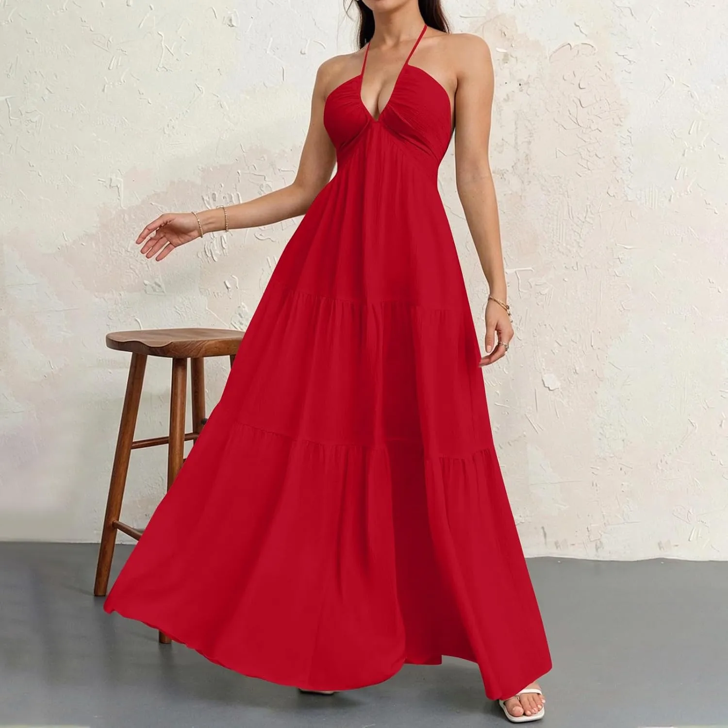 Halter Neck Dresses for Women 2025 Backless Deep V Neck Maxi Sundress a Line Empire Waist Spaghetti Strap Dress