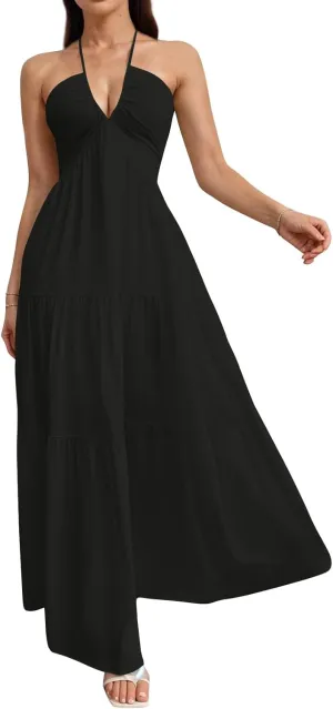 Halter Neck Dresses for Women 2025 Backless Deep V Neck Maxi Sundress a Line Empire Waist Spaghetti Strap Dress