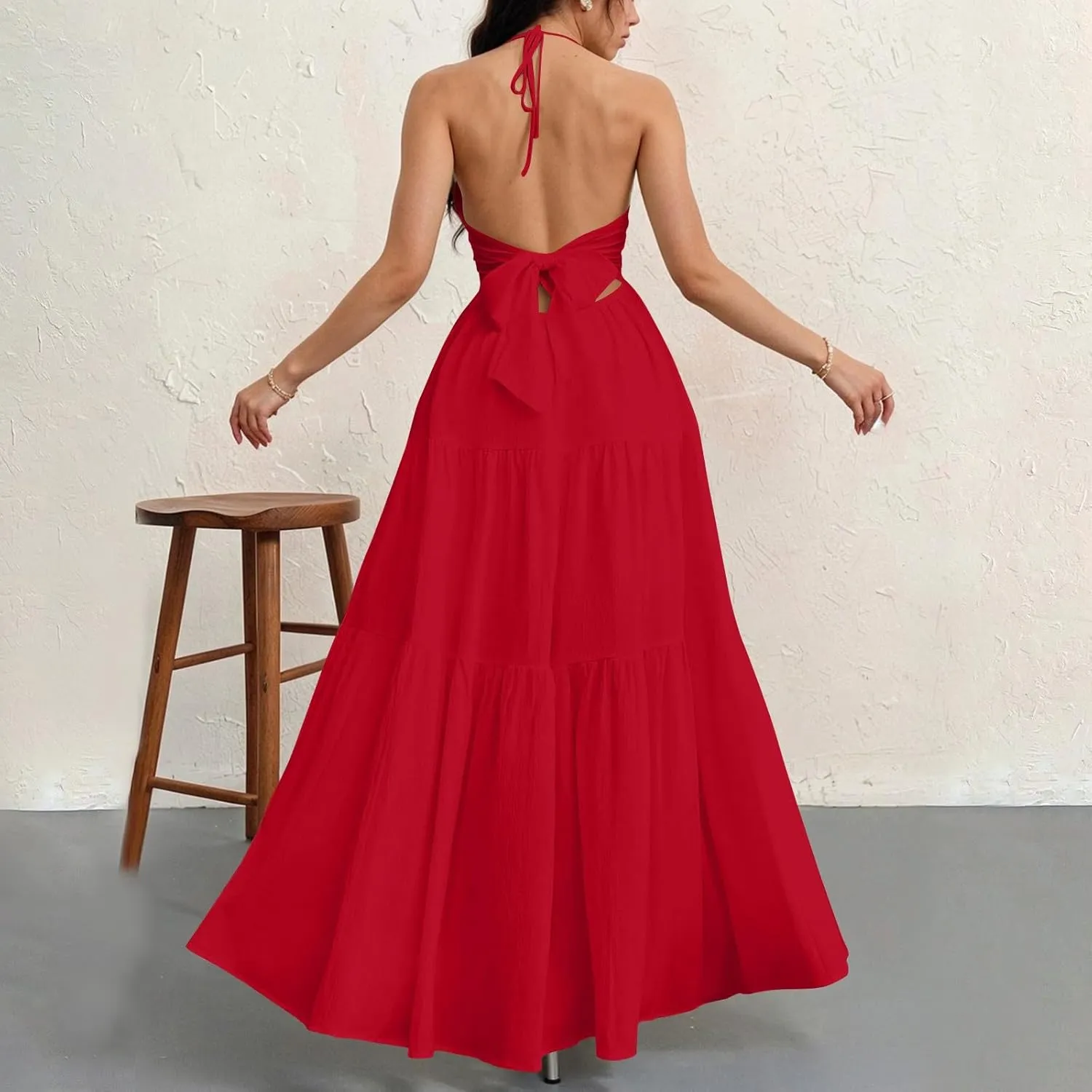 Halter Neck Dresses for Women 2025 Backless Deep V Neck Maxi Sundress a Line Empire Waist Spaghetti Strap Dress