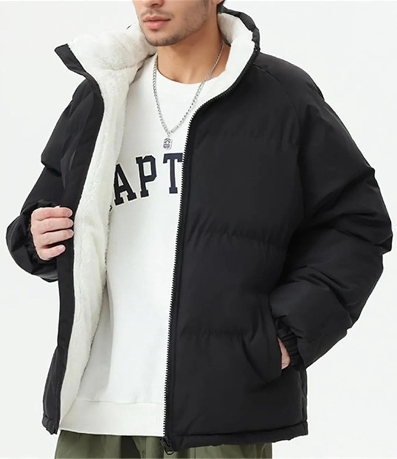 hathne Men's Winter Warm Fleece Lined Jacket Lightweight Thick Stand Collar Full Zip Jacket Coat