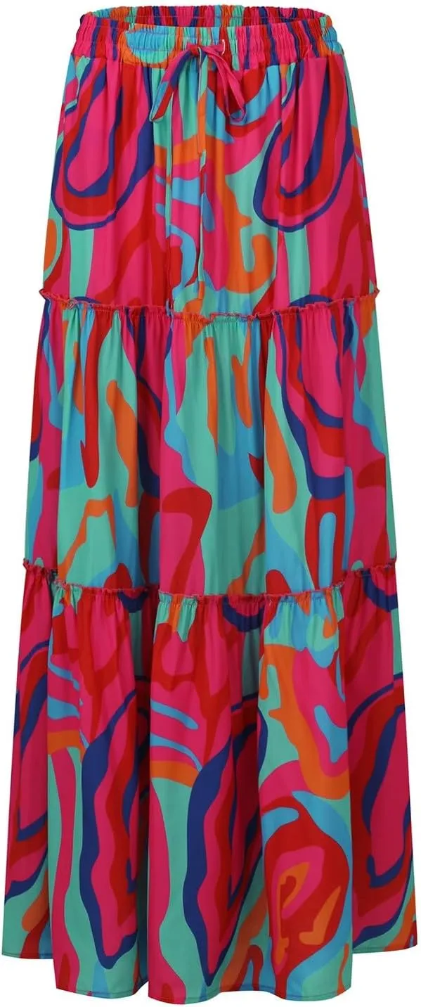 High Waisted Maxi Skirts for Women Summer Elastic A Line Skirts Vacation Layered Tiered Long Skirt with Pockets
