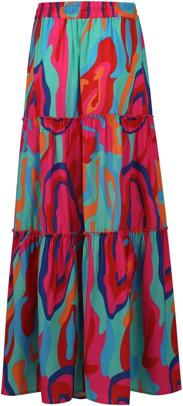 High Waisted Maxi Skirts for Women Summer Elastic A Line Skirts Vacation Layered Tiered Long Skirt with Pockets