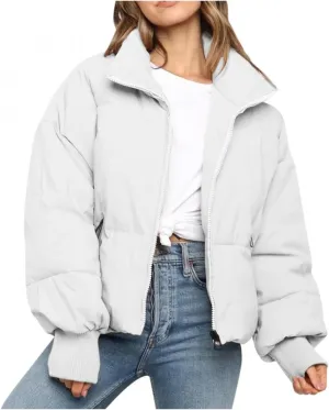 HIKO23 Women Short Puffer Jacket Fashion Full Zip Winter Down Coats Mock Neck Warm Cropped Outwear Overcoats