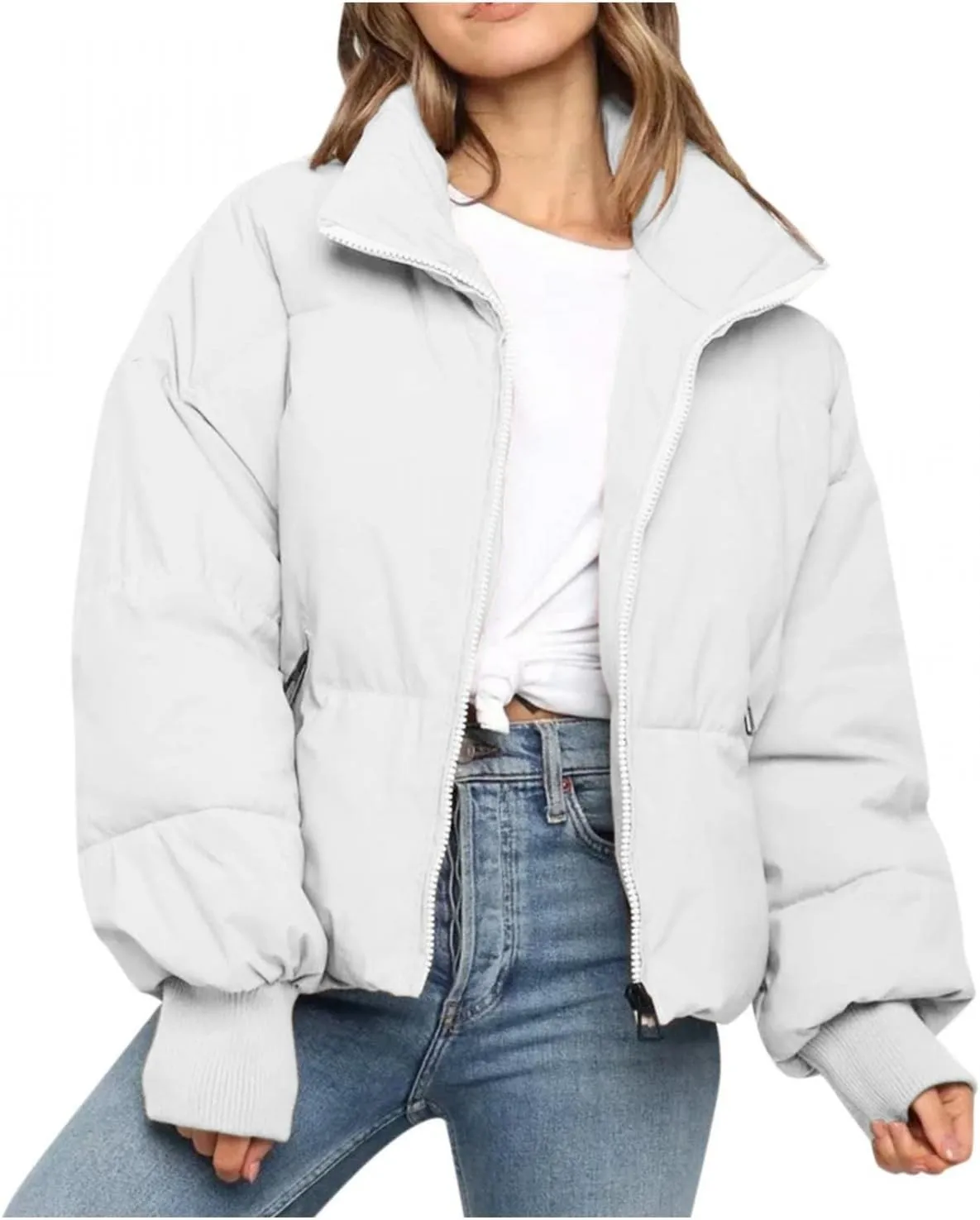 HIKO23 Women Short Puffer Jacket Fashion Full Zip Winter Down Coats Mock Neck Warm Cropped Outwear Overcoats