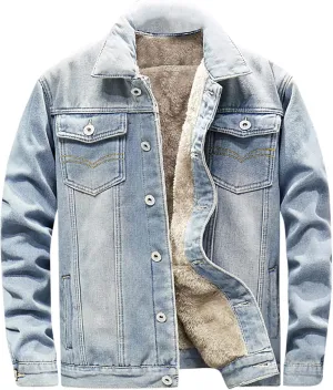 hlysgo Men's Sherpa Fleece Lined Denim Jacket Warm Winter Trucker Jacket Plus Size Thicken Button Down Cowboy Jean Jacket