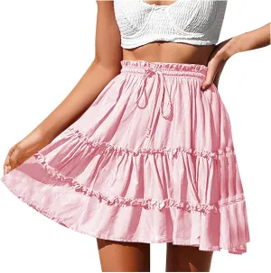 hlysgo Ruffle Mini Skirt for Women High Waisted Tiered A-Line Casual Summer Vacation Boho Beach Trendy Flowy Short Skirts
