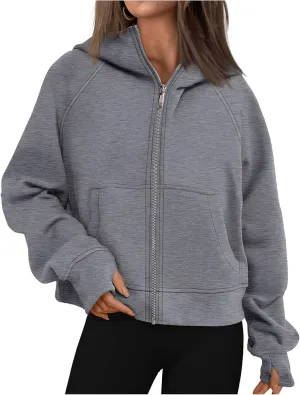 Hoodies for Women Zip Up Cropped Sweatshirts Casual Long Sleeve Jacket Oversized Fleece Top Casual Trendy Coat