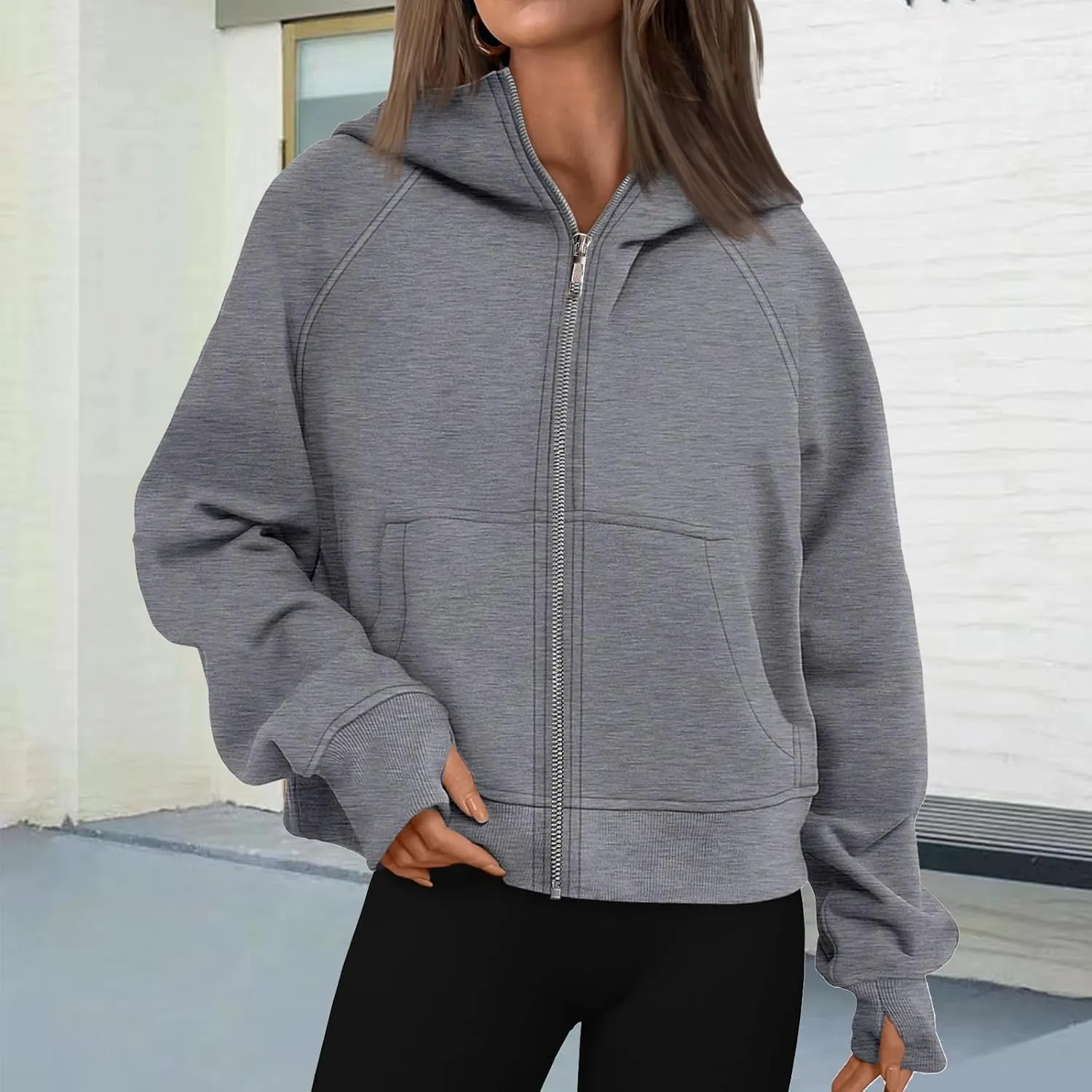 Hoodies for Women Zip Up Cropped Sweatshirts Casual Long Sleeve Jacket Oversized Fleece Top Casual Trendy Coat