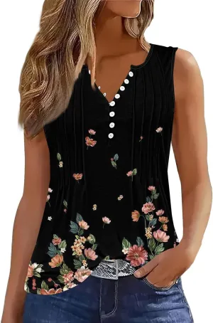 HTHLVMD Tank Tops for Women 2025 Summer Pleated Tunic Loose Fit Sleeveless Shirts Dressy Casual V Neck Button Down Blouses