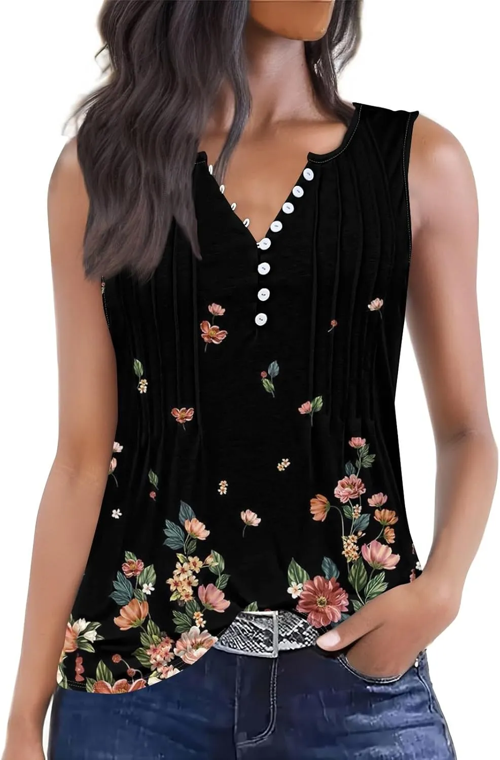 HTHLVMD Tank Tops for Women 2025 Summer Pleated Tunic Loose Fit Sleeveless Shirts Dressy Casual V Neck Button Down Blouses