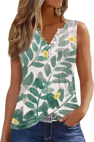 HTHLVMD Tank Tops for Women 2025 Summer Pleated Tunic Loose Fit Sleeveless T Shirts Dressy Casual V Neck Button Down Blouses