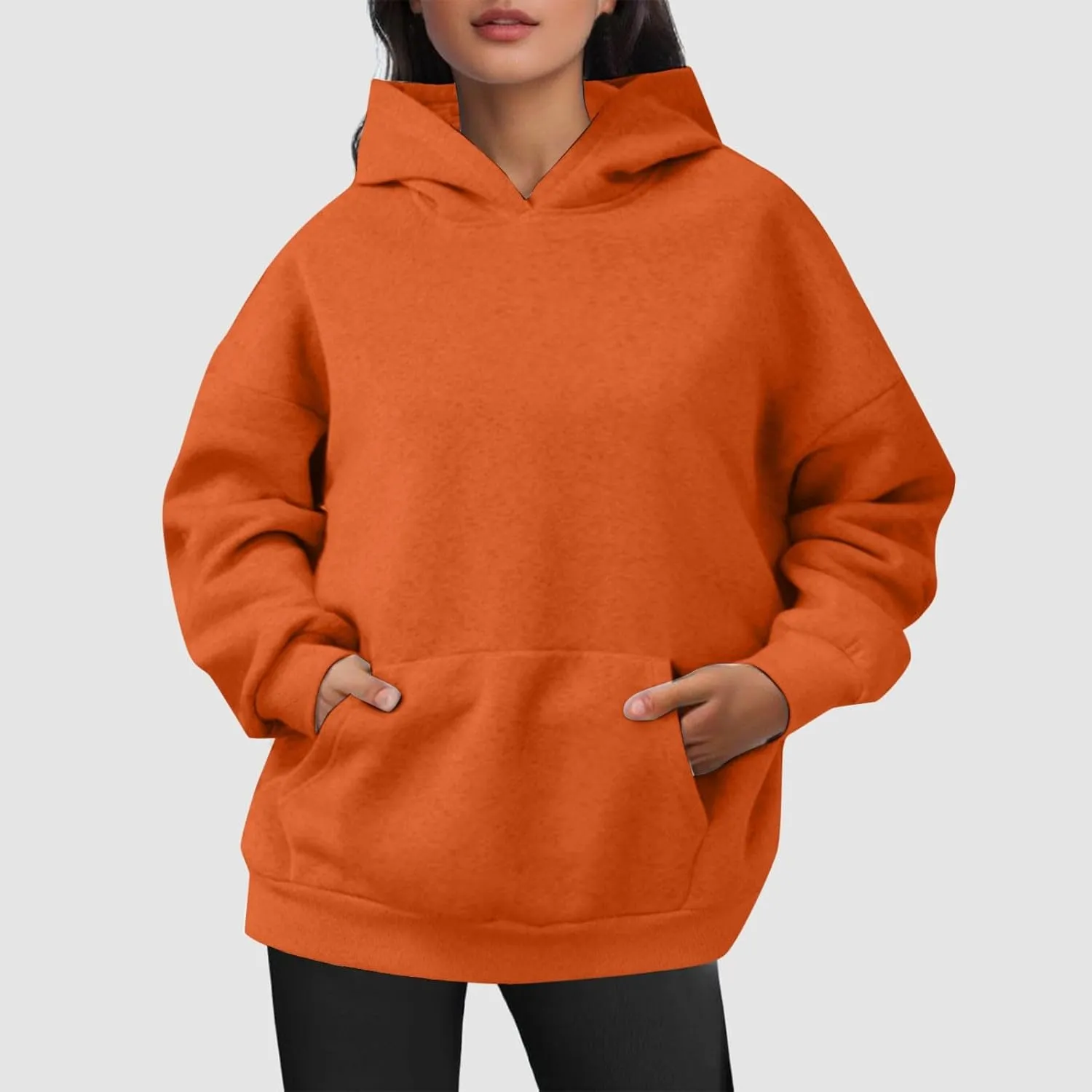 iLH Womens Pullover Hooded Sweatshirts Solid Color Kangaroo Pocket Hoodies For Women Fall Streetwear Leisure Sweatshirts