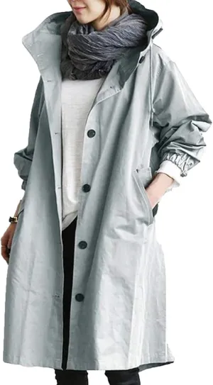 iQKA Women's Rain Jacket Autumn Winter Loose Hooded Trench Jackets Oversized Elegant Windbreaker Comfortable Coat Outwear