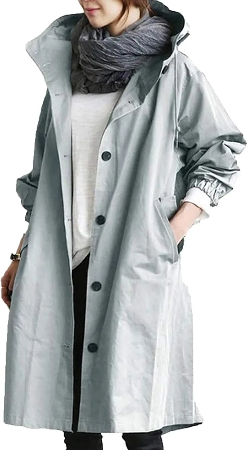 iQKA Women's Rain Jacket Autumn Winter Loose Hooded Trench Jackets Oversized Elegant Windbreaker Comfortable Coat Outwear