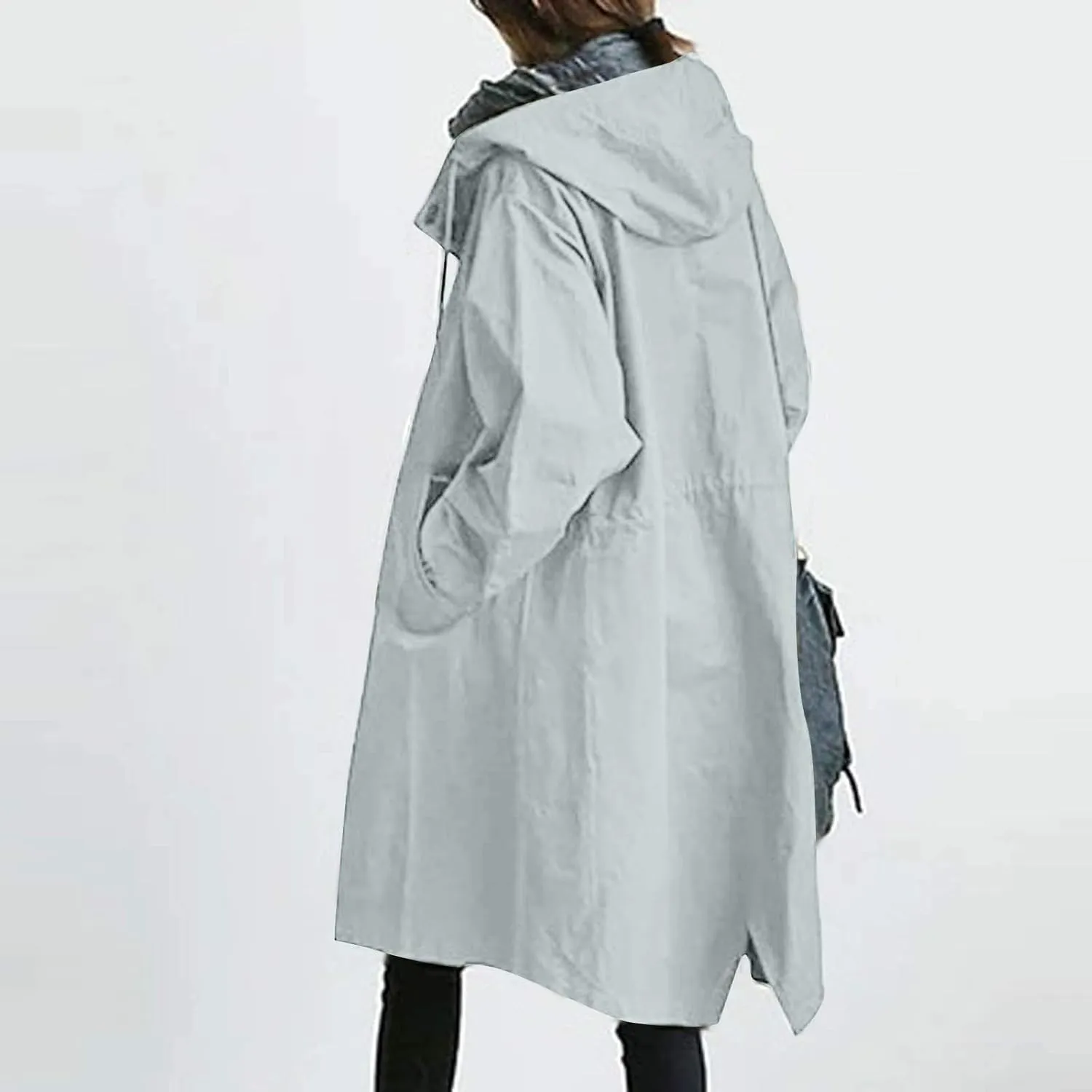 iQKA Women's Rain Jacket Autumn Winter Loose Hooded Trench Jackets Oversized Elegant Windbreaker Comfortable Coat Outwear