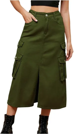Jean Skirts for Women Multi-Pocket Denim Cargo Skirt High Waisted Pencil Skirt Casual Loose Split Hem Y2K Midi Skirt